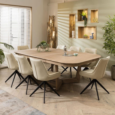 Quatropi 8 Seater Wooden Extending Dining Table Natural Cream Leather Chair Set
