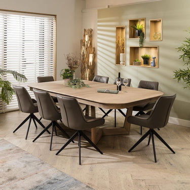 Quatropi 8 Seater Wooden Extending Dining Table Natural Grey Leather Chairs Set