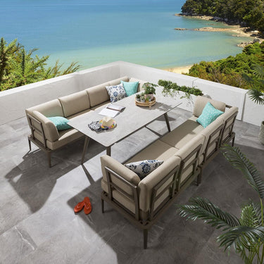 Quatropi Aluminium Garden Dining Set 8-Seat Metal Outdoor Bench & Table Ceramic Beige S3