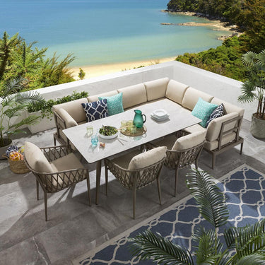 Quatropi Aluminium Garden Dining Set 8-Seat Outdoor Bench Table & Chairs Ceramic Beige L4