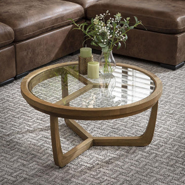 Quatropi Ariana Round Wooden Coffee Table Natural Oak & Glass 80cm