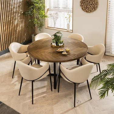 Quatropi Ashley 6 Seater Round Solid Wood Herringbone Dining Set Cream Clay