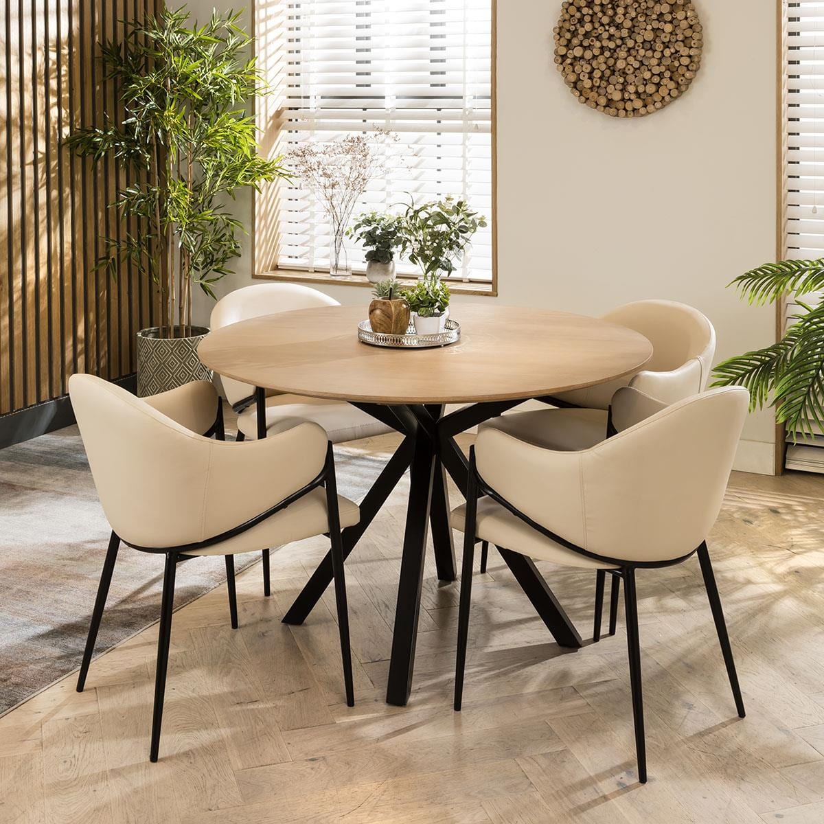 Quatropi Ashley Natural Solid Round Wooden Dining Set For 4 Cream Clay