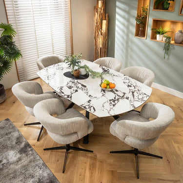 Quatropi Aubrey & Rudie 6 Seater Round Extendable Dining Set Grey & Black-Veined White Ceramic