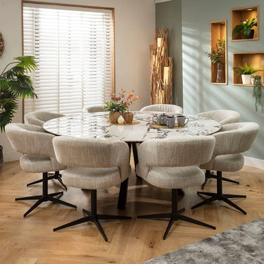 Quatropi Aubrey & Rudie 8 Seater Round Extendable Dining Set Grey & Black-Veined White Ceramic