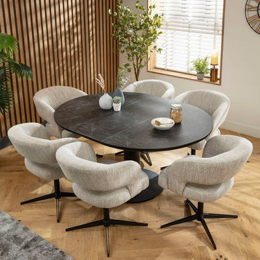 Quatropi Aubrey & Venus 6 Seater Round Extendable Dining Set Grey & Black Ceramic