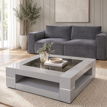 Quatropi Billie Massive Square Coffee Table Grey Gloss & Smoked Glass 120cm