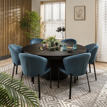 Quatropi Black Oak Round Dining Table And 6 Chairs Seater Set Blue Velvet 160cm