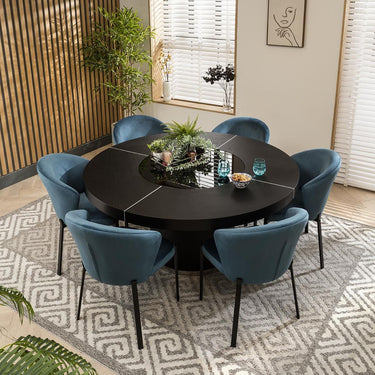 Quatropi Black Oak Round Dining Table And 6 Chairs Seater Set Blue Velvet 160cm