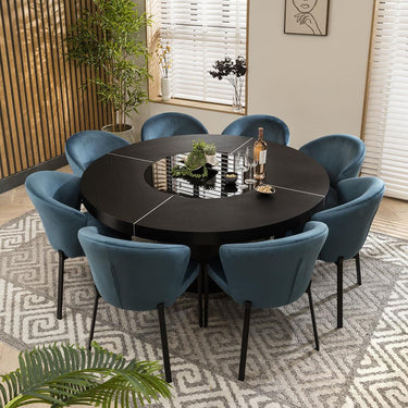 Quatropi Black Oak Round Dining Table And 8 Chairs Seater Set Blue Velvet 160cm