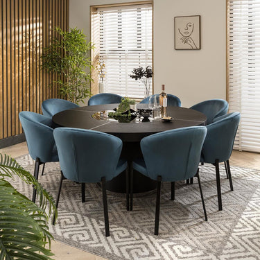 Quatropi Black Oak Round Dining Table And 8 Chairs Seater Set Blue Velvet 160cm