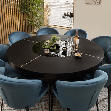 Quatropi Black Oak Round Dining Table And 8 Chairs Seater Set Blue Velvet 160cm