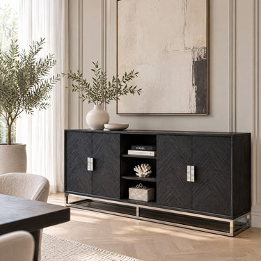 Quatropi Black Oak Sideboard Dresser Dining Room Brushed Stainless Steel 225 cm