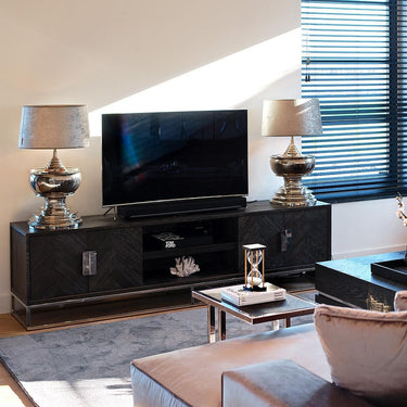 Quatropi Black Oak Tv Cabinet Stand Brushed Stainless Steel Living room 2200 mm