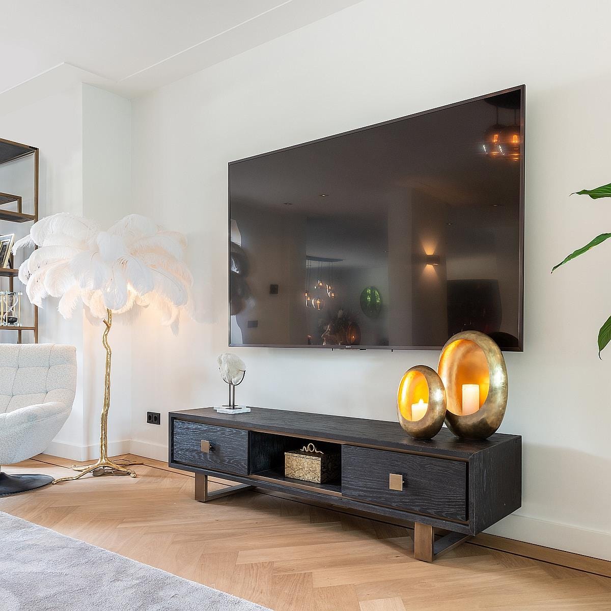 Quatropi Black Oak Tv Cabinet Stand Gold Brushed Stainless Steel Living room 1900mm