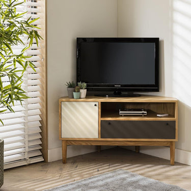 Quatropi Campton Modern Corner TV Stand Media Cabinet With Storage Oak Grey 105cm