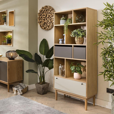 Quatropi Campton Modern Narrow Bookcase Shelving Unit Cabinet Oak Grey 80x180cm