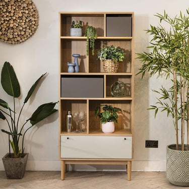 Quatropi Campton Modern Narrow Bookcase Shelving Unit Cabinet Oak Grey 80x180cm