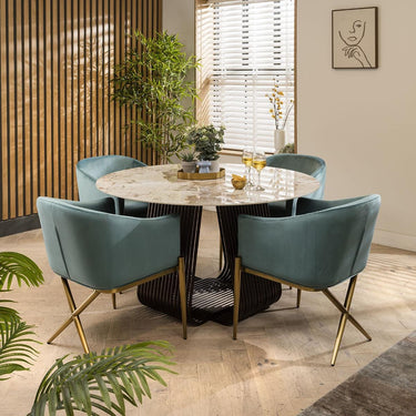 Quatropi Ceramic Marble Round Dining Table And 4 Chairs Dining Set Green 135cm