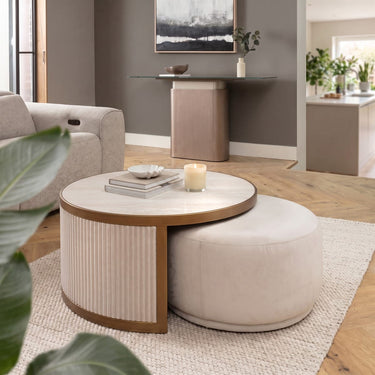 Quatropi Ceramic Marble Round Nesting Coffee Table & Footstool Set Cream 92cm