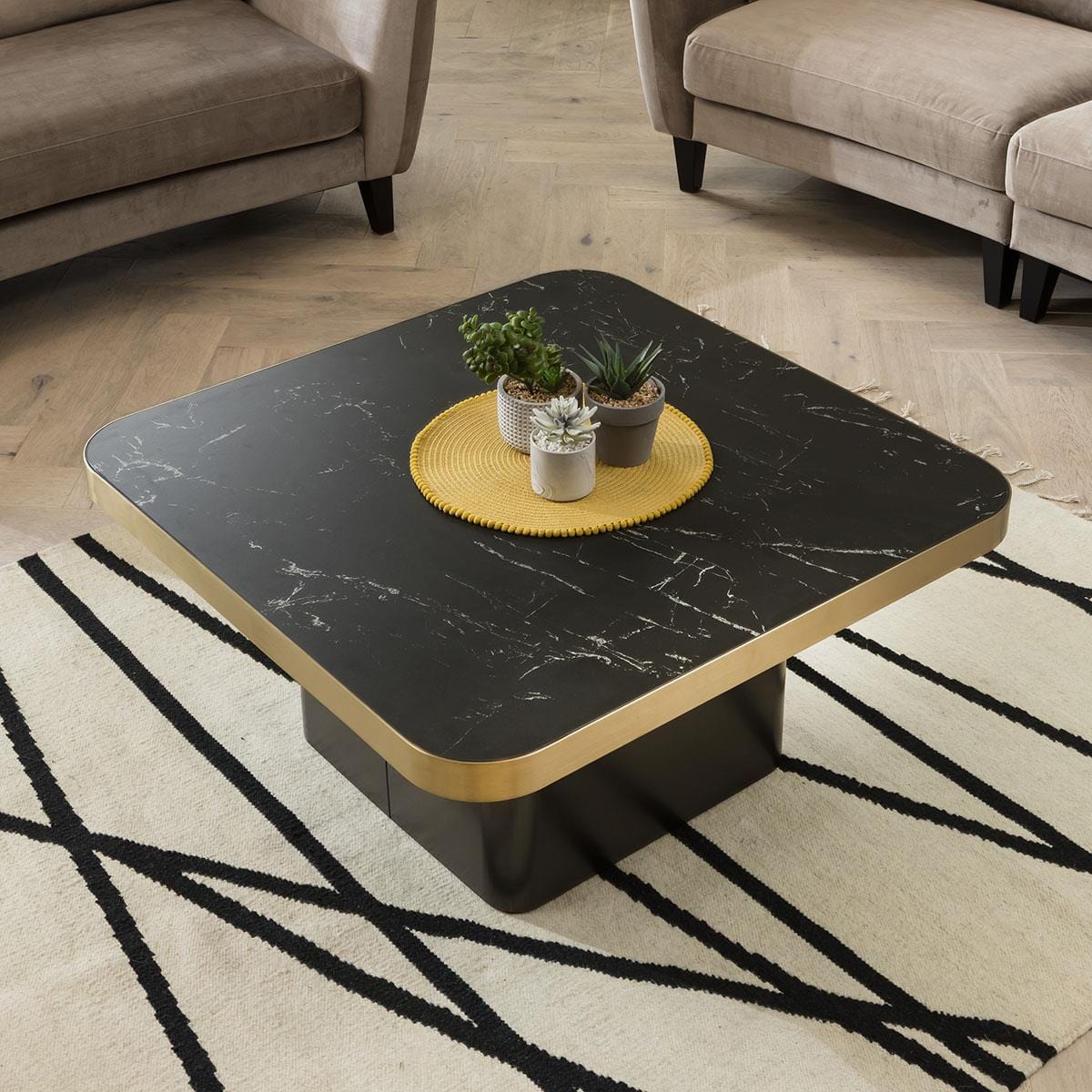 Quatropi Ceramic Marble Top Contemporary Coffee Table with Metal Trim - Black 90cm Square