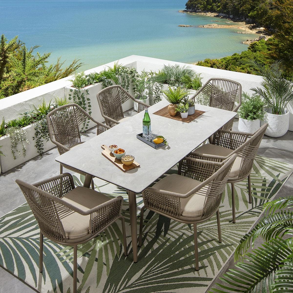 Quatropi Cia 6 Seater Ceramic Outdoor Garden Dining Set Aluminium Beige