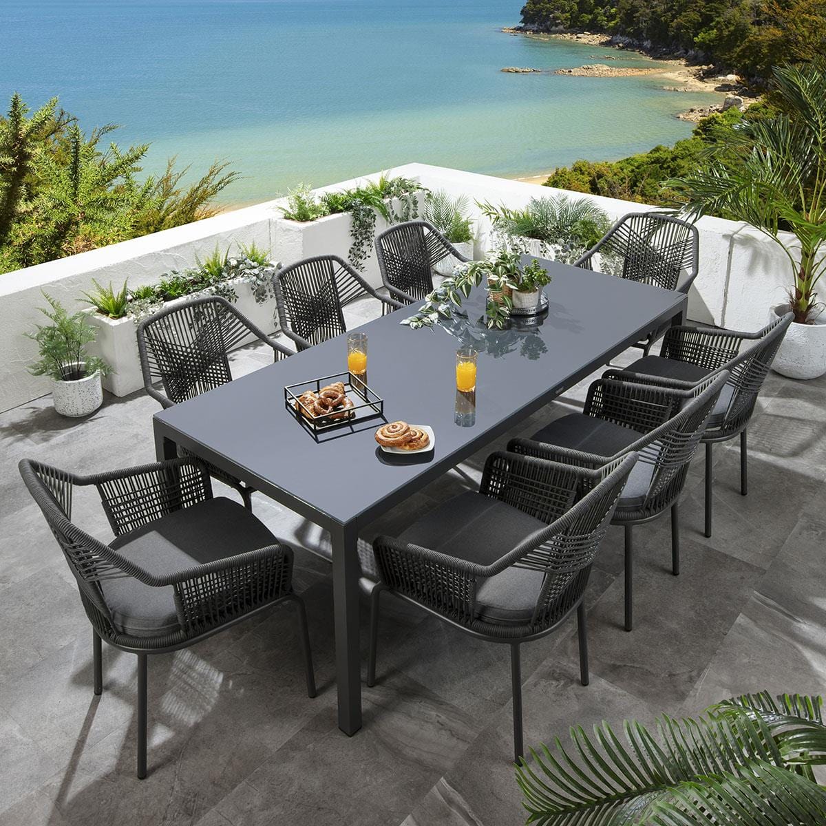 Quatropi Cia 8 Seater Glass Outdoor Garden Dining Set Aluminium Grey
