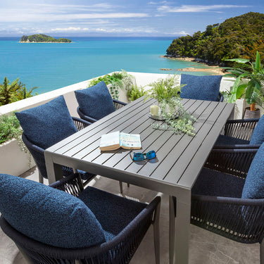Quatropi Cole & Atlas 6 Seater Extendable Outdoor Garden Dining Set Midnight Blue & Grey