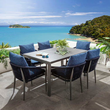 Quatropi Cole & Atlas 6 Seater Extendable Outdoor Garden Dining Set Midnight Blue & Grey
