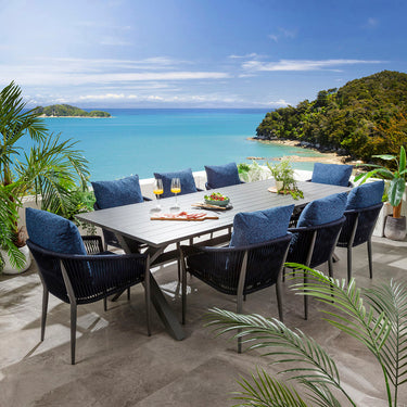 Quatropi Cole & Star Large 8 Seater Outdoor Garden Dining Set Midnight Blue & Grey Aluminium