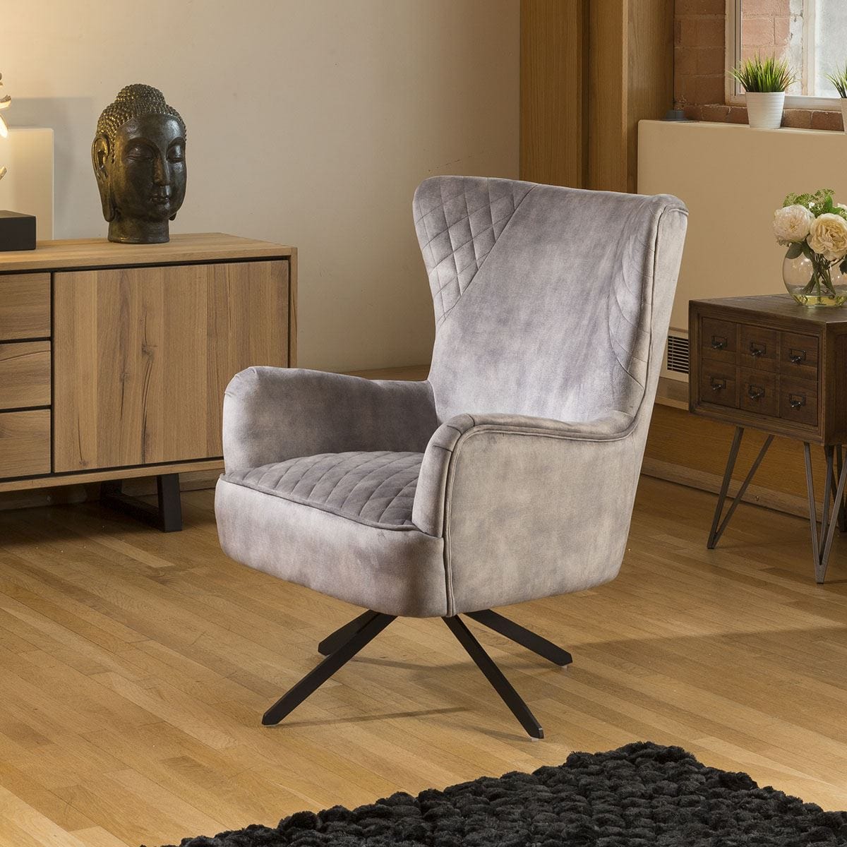 Quatropi Comfy Armchair Swivel Winged Chair Feature Vintage Velvet Grey New