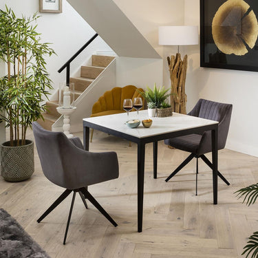 Quatropi Compact 2 Person Dining Set - White Ceramic Marble Table - Carver Dining Chairs