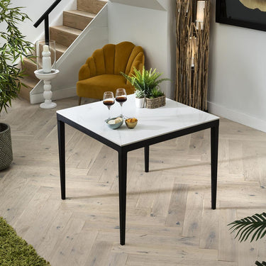 Quatropi Compact 4 Seater Square Dining Table White Ceramic Marble Modern 90cm