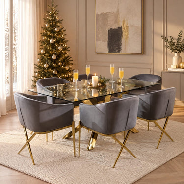Quatropi Contemporary 6 Seater Glass Dining Table and Chairs Set Grey Velvet Gold