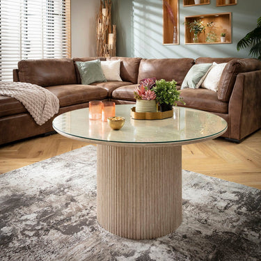 Quatropi Contemporary Glass-Topped Round Coffee Table Cream 100cm