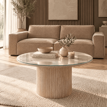 Quatropi Contemporary Glass-Topped Round Coffee Table Cream 100cm