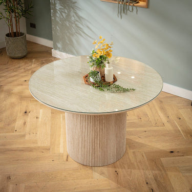 Quatropi Contemporary Glass-Topped Round Kitchen Dining Room Table Cream 120cm