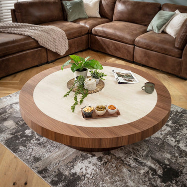 Quatropi Contemporary Large Round Coffee Table Walnut Wood Stone Ceramic 140cm