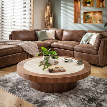 Quatropi Contemporary Large Round Coffee Table Walnut Wood Stone Ceramic 140cm