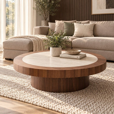 Quatropi Contemporary Large Round Coffee Table Walnut Wood Stone Ceramic 140cm