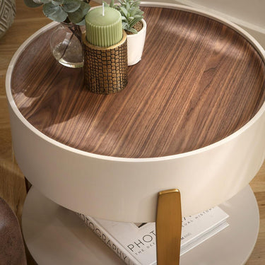 Quatropi Contemporary Round Bedside Lamp Side Table Wood Matte White Gold 52cm