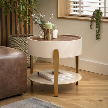 Quatropi Contemporary Round Bedside Lamp Side Table Wood Matte White Gold 52cm