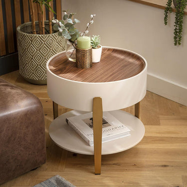 Quatropi Contemporary Round Bedside Lamp Side Table Wood Matte White Gold 52cm