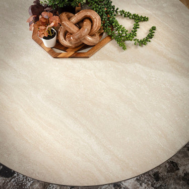 Quatropi Contemporary Round Coffee Table Grey Oak Wash & Stone-Effect Ceramic 90cm