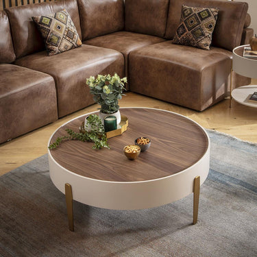 Quatropi Contemporary Round Coffee Table Walnut Wood Matte White Gold 92cm