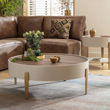 Quatropi Contemporary Round Coffee Table Walnut Wood Matte White Gold 92cm