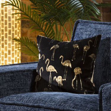 Quatropi Contemporary Velvet Flamingo Cushion Pillow 430mm Square Black Gold