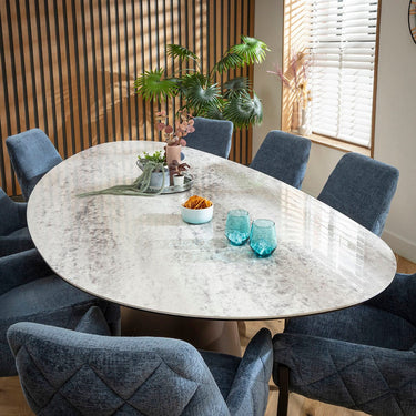 Quatropi Cora & Ashford Large 8 Seater Oval Dining Set Blue Chenille & Grey Ceramic