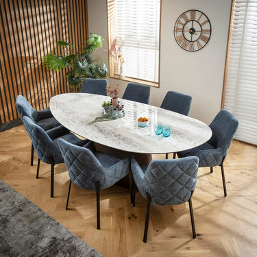 Quatropi Cora & Ashford Large 8 Seater Oval Dining Set Blue Chenille & Grey Ceramic