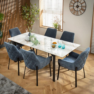 Quatropi Cora & Cain 6 Seater Extendable Dining Set Blue Chenille & White Ceramic